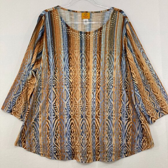 Ruby Rd. Tops - Ruby Rd. size 2X Brown Blue Abstract Artsy Embellished Stretch 3/4 Sleeve Top